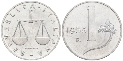 Италия 1 лира 1955 R, весы KM 91 алюминий  UNC  4594-712