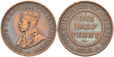 АВСТРАЛИЯ 1/2 ПЕННИ 1913 L, ГЕОРГ V (1910-1936) KM 22 бронза 4514-616