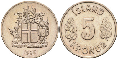 Исландия 5 крон 1976 KM 18 медно-никель UNC 4124-762