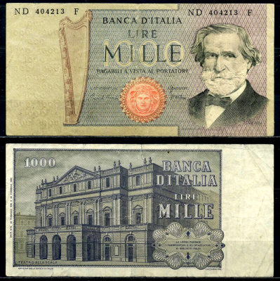 Италия 1000 лир 1980 20 февраля 1980 Джузеппе Верди, Милин Ла Скала , Pick 101g бумага 6279-11-3-2
