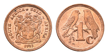 ЮАР 1 цент 1993 герб, капские воробьи KM 132 сталь плакированная медью UNC 4694-118