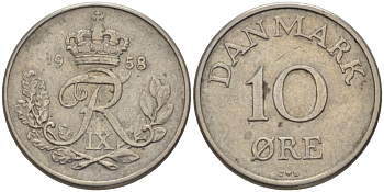 ДАНИЯ 10 ЭРЕ 1958 C; S, ФРЕДЕРИК IX (1947-1972) КМ 841.2 медно-никель 100-261