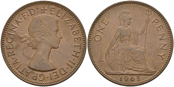 Великобритания 1 пенни 1963 Елизавета II (1952-2022) KM 897, Spink 4157 бронза 4149-821