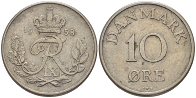 ДАНИЯ 10 ЭРЕ 1958 C; S, ФРЕДЕРИК IX (1947-1972) КМ 841.2 медно-никель 100-261