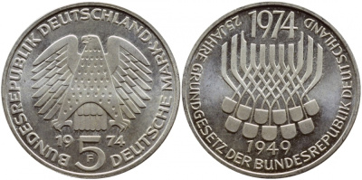 ФРГ 5 марок 1974 F, 25 лет со дня принятия конституции ФРГ KM 138, J.413 серебро UNC 1520-1311