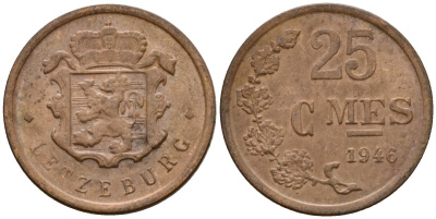 Люксембург 25 сантимов 1946 Шарлотта (1918-1964) KM 45 бронза 4115-137