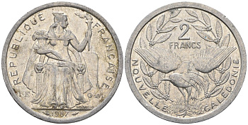 Французская Новая Каледония 2 франка 1987 птица кагу, (IEOM) KM 14, Schoen 11, Lec 64 алюминий    08-1234