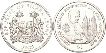 Сьерра-Леоне 1 доллар 2005 Папа Римский Бенедикт XVI посещает Кельн KM 326 медно-никель BU 4368-1231