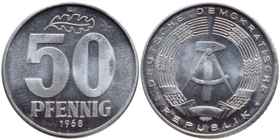 ГДР 50 пфеннигов 1968 А KM 12.2 алюминий UNC 76-1045