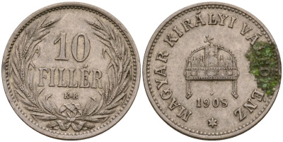 Венгрия 10 филлеров 1908 KB, Франц Иосиф I (1848-1916) KM 482 медно-никель 4549-1024