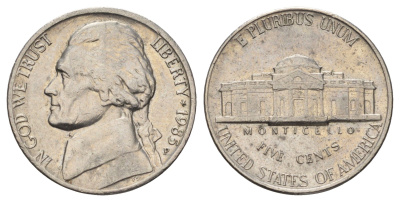 США 5 центов 1985 P, Джефферсон KM A192 медно-никель 4671-1055