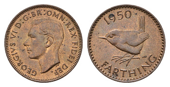 Великобритания 1 фартинг 1950 Георг VI (1936-1952) KM 867, Spink 4119 бронза UNC 4674-816