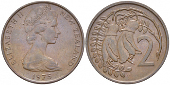 Новая Зеландия 2 цента 1975 Елизавета II (1952-2022), два цветка кохаи KM 32.1 бронза 214-843