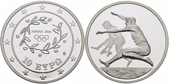 Греция 10 евро 2003 XXVIII летние Олимпийские игры 2004 года в Афинах, прыжки в длину KM 194 серебро PROOF 1081-5-42