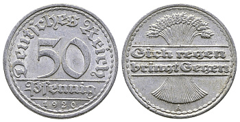 ГЕРМАНИЯ 50 ПФЕННИГОВ 1920 А KM 27, J. 301 алюминий 4380-551
