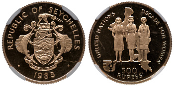 Сейшельские острова 500 рупий 1985 год женщины, в слабе NGC PR 68 ULTRA CAMEO, тираж 500 экземпляров KM 62 золото  PROOF  15-005-05