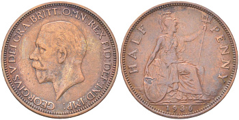 Великобритания 1/2 пенни 1936 Георг V (1910-1936) KM?837, Spink?4058 бронза 4128-144