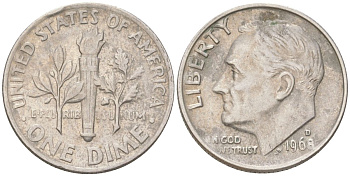 США 10 центов (дайм) 1968 D, Рузвельт KM 195a медь плакированная медно-никелем 4613-823