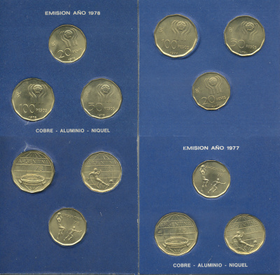 Аргентина набор из 6 монет 1978 Чемпионат мира по футболу 1978 года, в оригинальном блистере KM 75, 76, 77 алюминиевая бронза UNC 00-00