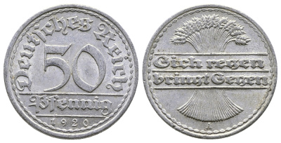 ГЕРМАНИЯ 50 ПФЕННИГОВ 1920 А KM 27, J. 301 алюминий 4380-551