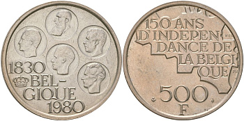 Бельгия 500 франков 1980 150 лет независимости, BELGIQUE, Бодуэн I (1951-1993) KM 161, LA BFM-214, Mor 800, Schoen 130 медно-никель плакированный серебром 4552-815