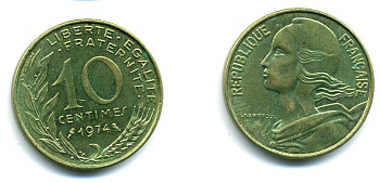 ФРАНЦИЯ 10 САНТИМОВ 1974 ТИП MARIANNE KM 929, LE FRANC 144.14 алюминиевая бронза 3999-654