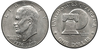 США 1 доллар 1976 D, 200 лет независимости, Президент Эйзенхауэр, колокол, тип II KM 206 медь плакированная медно-никелем 4558-1213