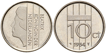Нидерланды 10 центов 1984 Беатрикс KM 203 никель  UNC  4598-1226