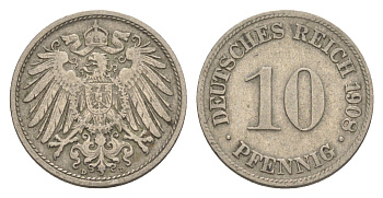 Германия 10 пфеннигов 1908 D, Вильгельм II (1888-1918) KM 12, J. 13 медно-никель 4644-1167