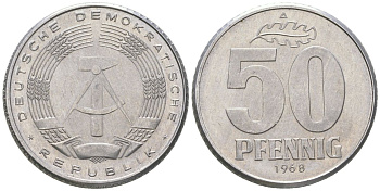 ГДР 50 пфеннигов 1968 A KM 12.2 алюминий aUNC 4575-314