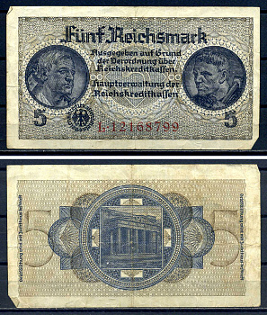Германия 5 рейхсмарок ND (1940-1945) 8 цифр в серии Pick R138 b бумага 7552-29-2-2