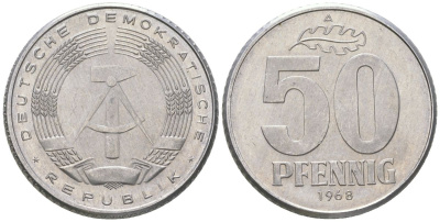 ГДР 50 пфеннигов 1968 A KM 12.2 алюминий aUNC 4575-314