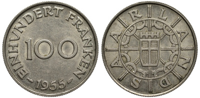 Саарланд 100 франков 1955 индустрия KM 4 медно-никель 186-944