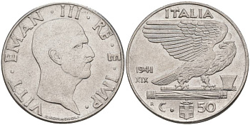 ИТАЛИЯ 50 ЧЕНТЕЗИМО 1941 R, ГОД XIX, ВИКТОР ЭММАНУИЛ III (1900-1946) KM 76b, VEM3. 1063 нержавеющая сталь 3853-355