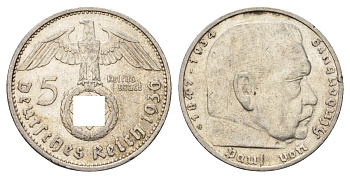 Германия 5 рейхсмарок 1936 G, Пауль фон Гинденбург (1847-1934) KM 94, J. 367 серебро 1518-944