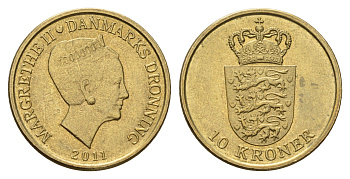 Дания 10 крон 2011 NR, Маргрете II (1972-2024) KM 943 алюминиевая бронза UNC 117-434