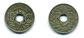 ФРАНЦИЯ 10 САНТИМОВ 1920 ТИП ЛИНДАЙЁ KM 866а медно-никель 84-351