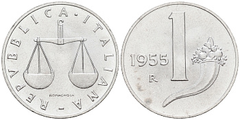 Италия 1 лира 1955 R, весы KM 91 алюминий  UNC  4594-145