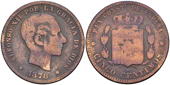 ИСПАНИЯ 5 СЕНТИМО 1878 ОМ, АЛЬФОНСО XII KM 674 бронза 4589-853
