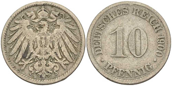 Германия 10 пфеннигов 1900 D KM 12, J. 13 медно-никель 4401-1141