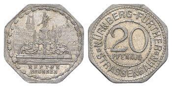 Нюрнберг трамвайный (транспортный) жетон в 20 пфеннигов ND (1920-1921) фонтан Нептун Men05 19256.24, Men18 24102.24 алюминий 4638-312