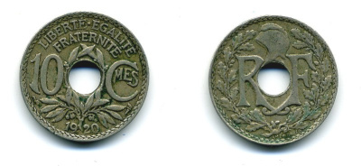 ФРАНЦИЯ 10 САНТИМОВ 1920 ТИП ЛИНДАЙЁ KM 866а медно-никель 84-351