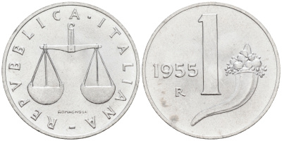 Италия 1 лира 1955 R, весы KM 91 алюминий  UNC  4594-145