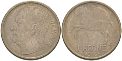 НОРВЕГИЯ 1 КРОНА 1963 ОЛАФ V KM 409 медно-никель 106-315