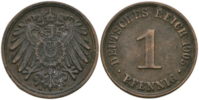 Германия 1 пфенниг 1905 A, Вильгельм II (1888-1918) KM 10, J. 10 медь 3955-1227