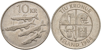Исландия 10 крон 1984 рыбы KM 29.1 медно-никель 4140-144
