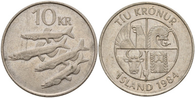 Исландия 10 крон 1984 рыбы KM 29.1 медно-никель 4140-144