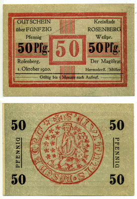 РОЗЕНБЕРГ 50 ПФЕННИГОВ 1920 1 ОКТЯБРЯ 1920, НОТГЕЛЬД, ЗЕМЛЯ ПФАЛЬЦ Grabowski R43.4b бумага 2193-15-1-1