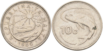 Мальта 10 центов 1986 золотая макрель KM 76 медно-никель 4588-151