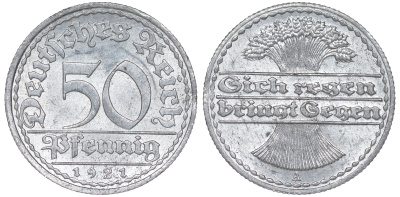 Германия 50 пфеннигов 1921 A KM 27, J. 301 алюминий aUNC 4114-614